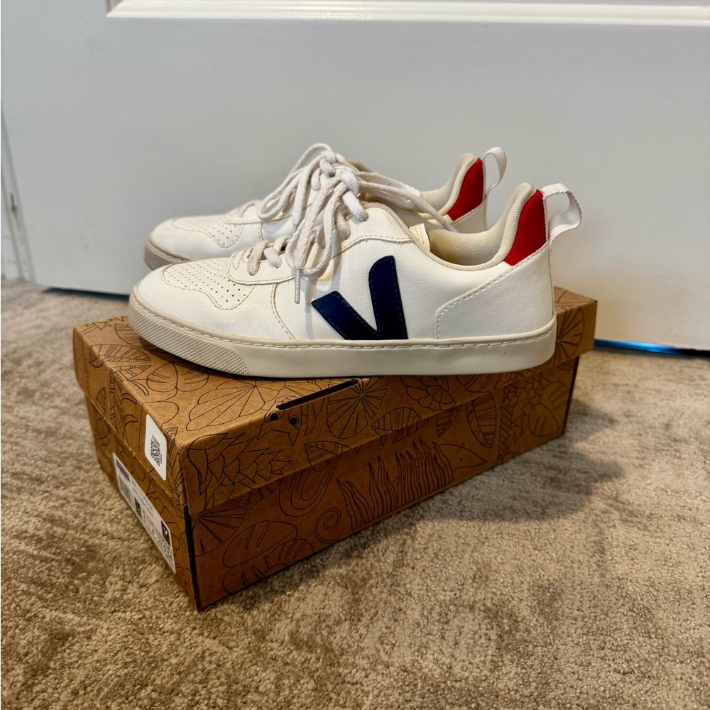 Veja White and Blue Minimalist Sneakers